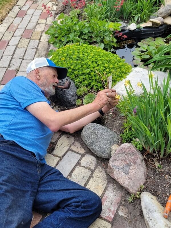 Gardener inspecting plants by the pond