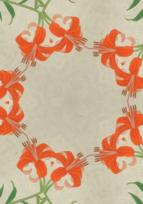 Orange lilies in a symmetrical pattern design.