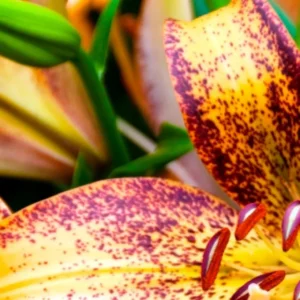 Yellow lily with orange speckles and stamens.
