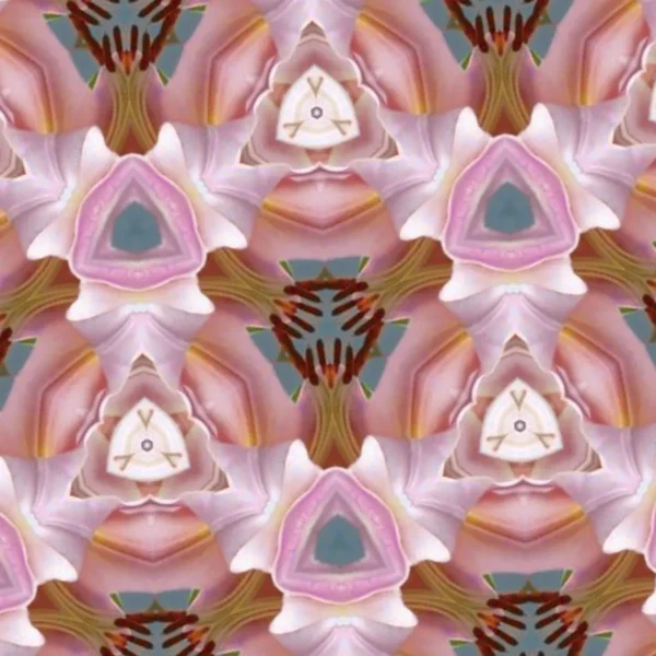 Pink floral kaleidoscope pattern with geometric shapes.