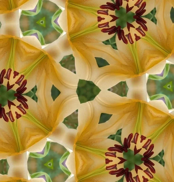 Abstract yellow flower kaleidoscope pattern design.