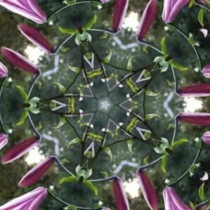 Kaleidoscopic pattern with pink flowers and greenery.