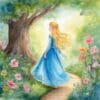Princess in blue dress walks garden path.