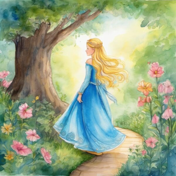 Princess in blue dress walks garden path.