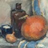 Still life painting with bottle, pumpkin, and cup.