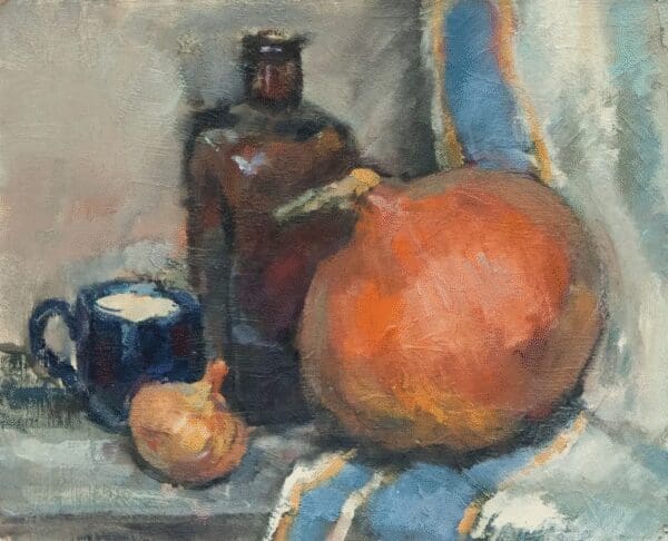 Still life painting with bottle, pumpkin, and cup.