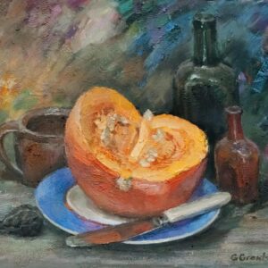 Still life with pumpkin and bottles.