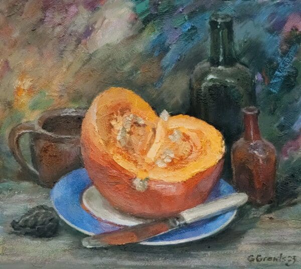 Still life with pumpkin and bottles.