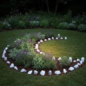 Spiral garden design with white stones and plants on green grass.