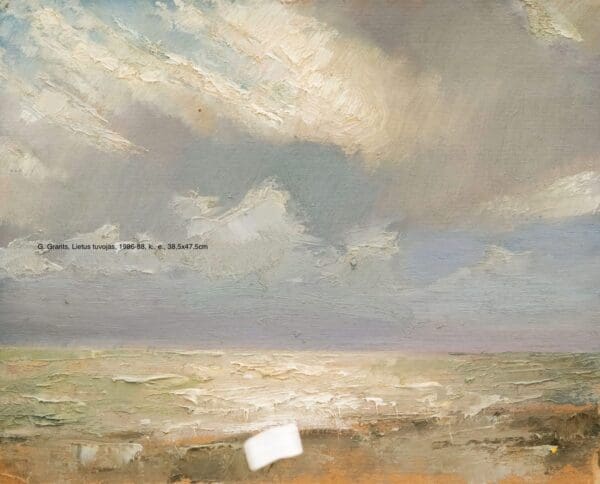 A serene seascape with soft clouds and calm waters under a muted sky.