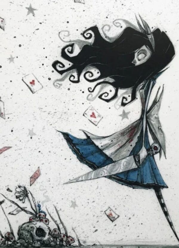 Artistic image of a girl with flowing hair in a blue dress, surrounded by stars and playing cards.