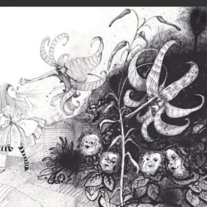 Intricate black and white surreal artwork with whimsical faces and organic shapes.