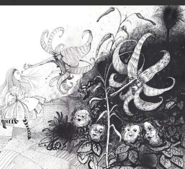 Intricate black and white surreal artwork with whimsical faces and organic shapes.