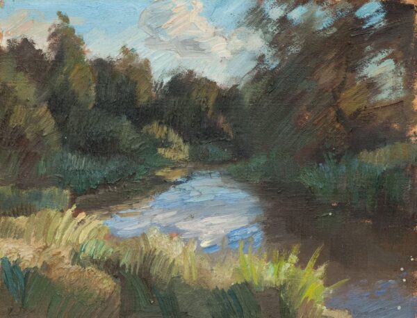 Serene landscape with water and lush greenery.