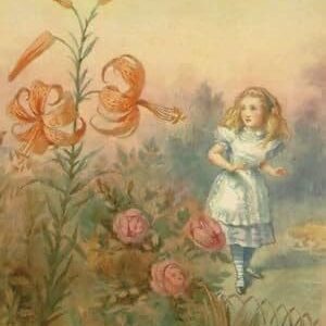 A young girl in a blue dress stands amidst blooming flowers in a soft, dreamy scene.