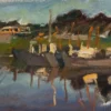 Impressionistic painting of boats docked by the shore with reflections in water.