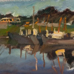 Impressionistic painting of boats docked by the shore with reflections in water.