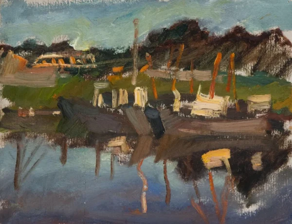 Impressionistic painting of boats docked by the shore with reflections in water.