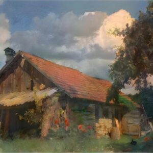 A rustic cottage with a red roof surrounded by greenery under a cloudy sky.