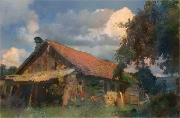 A rustic cottage with a red roof surrounded by greenery under a cloudy sky.