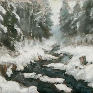 A serene winter river flowing through a snow-covered forest.
