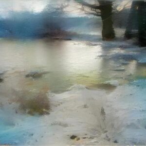 Blurred snowy landscape with trees and a pathway.