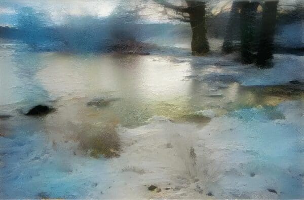 Blurred snowy landscape with trees and a pathway.