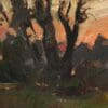 Impressionistic painting of trees at sunset with warm, muted colors.