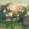 A soft-focus landscape painting with trees and a glowing sky.