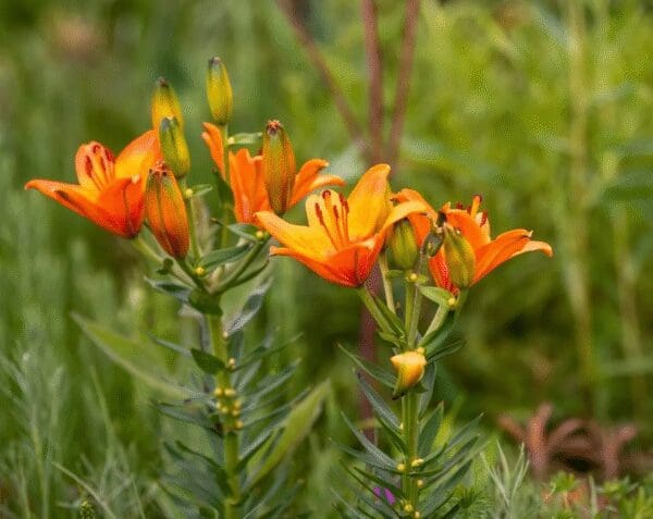 Bright orange lilies blooming with green foliage in the background.
