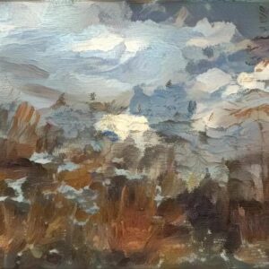 Abstract landscape painting with muted browns and blues.