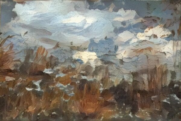 Abstract landscape painting with muted browns and blues.