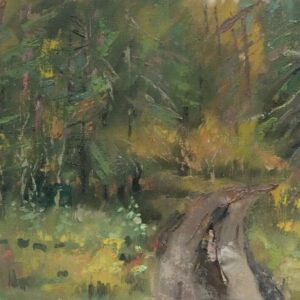A winding dirt path through a dense, green forest.