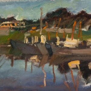 Impressionist painting of fishermen by the water at sunset.