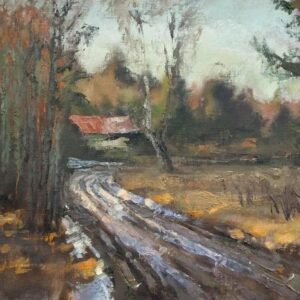 A rustic dirt road winds through a countryside landscape with autumn trees and a distant house.