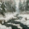 A snowy forest landscape with a flowing stream.
