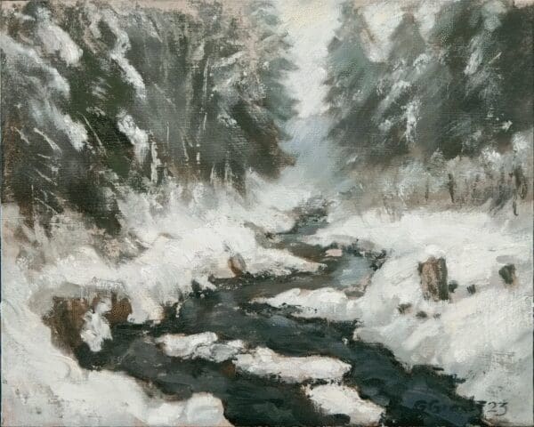 A snowy forest landscape with a flowing stream.