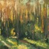 Impressionist painting of a sunlit forest path with tall trees.
