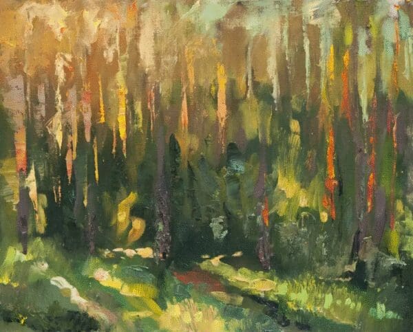 Impressionist painting of a sunlit forest path with tall trees.