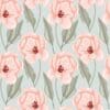 Pattern of pink flowers with green leaves on a light background.
