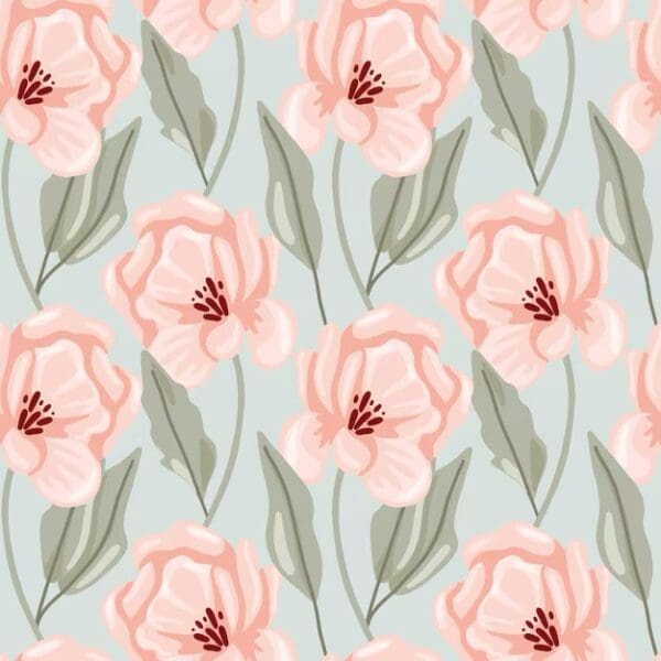 Pattern of pink flowers with green leaves on a light background.