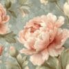 Soft pink peonies with green leaves on a vintage floral wallpaper.