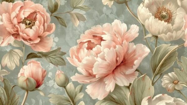 Soft pink peonies with green leaves on a vintage floral wallpaper.