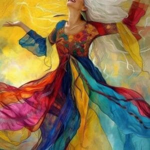 Vibrant woman dances in a flowing, multicolored dress against a warm backdrop.