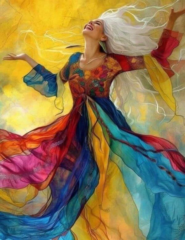 Vibrant woman dances in a flowing, multicolored dress against a warm backdrop.