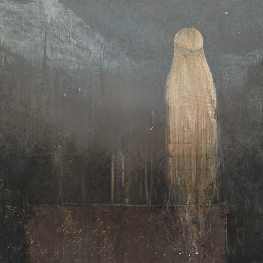 A solitary figure wrapped in cloth stands against a dark, textured background.