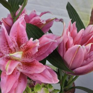 Pink double-flowered lily bouquet arrangement