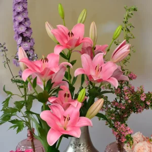Pink lilies bouquet in silver vase
