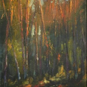 Vibrant forest painting with warm colors
