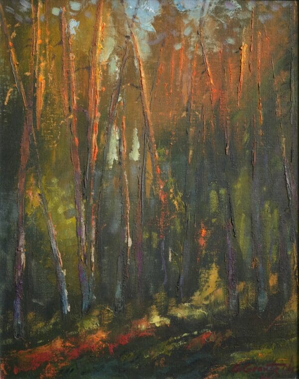 Vibrant forest painting with warm colors